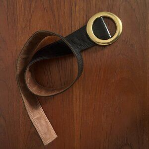 Vintage Y2K Black Leather Cinch Belt with Solid Brass Buckle - Size Small